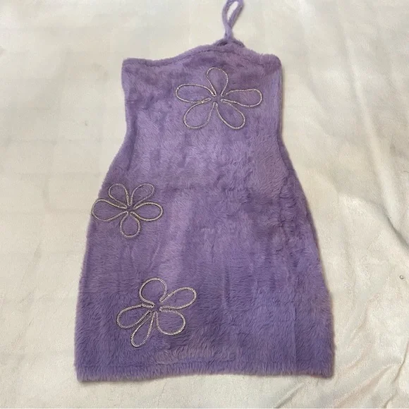 New! For Love And Lemons Finley Purple rhinestone fur Mini Dress 2615 - Picture 7 of 16